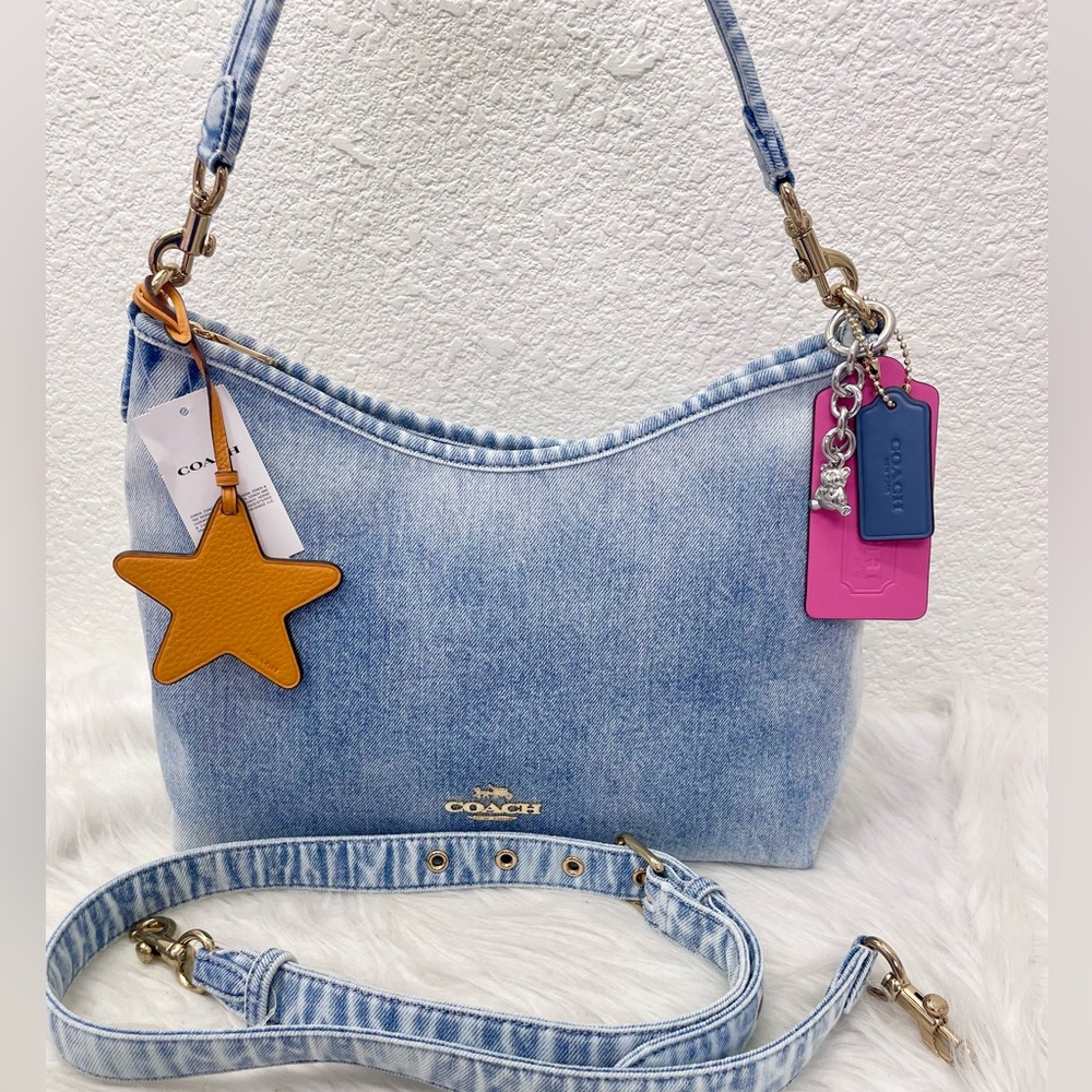 NWT Coach CEF26 Laurel Shoulder Bag In Loved Denim With Charms in Light Indigo